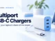 Ryvenora Insights cover reading Multiport USB-C Chargers and Check your laptop’s share of the power, with a conceptual blue-and-white charger, USB-C cable, and laptop on a pale background.