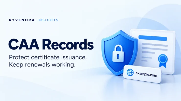 Ryvenora Insights cover reading CAA Records, Protect certificate issuance, and Keep renewals working, with a conceptual blue shield, certificate card, and example.com tile on a pale blue background.