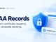 Ryvenora Insights cover reading CAA Records, Protect certificate issuance, and Keep renewals working, with a conceptual blue shield, certificate card, and example.com tile on a pale blue background.