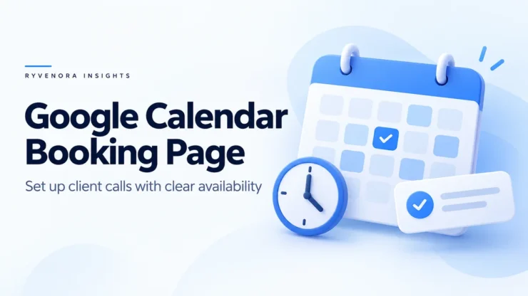 Ryvenora Insights cover reading Google Calendar Booking Page and Set up client calls with clear availability, with a conceptual blue calendar, clock, and appointment checkmarks on a pale blue background.