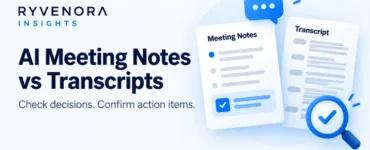 Ryvenora Insights cover reading AI Meeting Notes vs Transcripts and Check decisions. Confirm action items., with conceptual document cards, a speech bubble, and a checkmark magnifier on a pale blue background.
