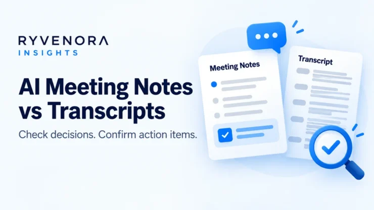 Ryvenora Insights cover reading AI Meeting Notes vs Transcripts and Check decisions. Confirm action items., with conceptual document cards, a speech bubble, and a checkmark magnifier on a pale blue background.