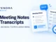 Ryvenora Insights cover reading AI Meeting Notes vs Transcripts and Check decisions. Confirm action items., with conceptual document cards, a speech bubble, and a checkmark magnifier on a pale blue background.