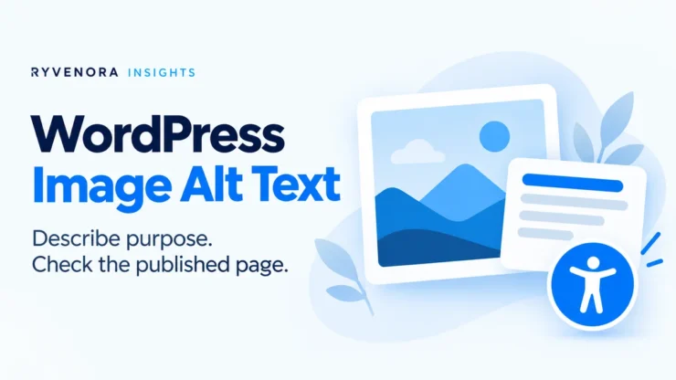 Ryvenora Insights cover reading WordPress Image Alt Text, Describe purpose, and Check the published page, with conceptual image and text cards beside an accessibility symbol on a pale blue background.