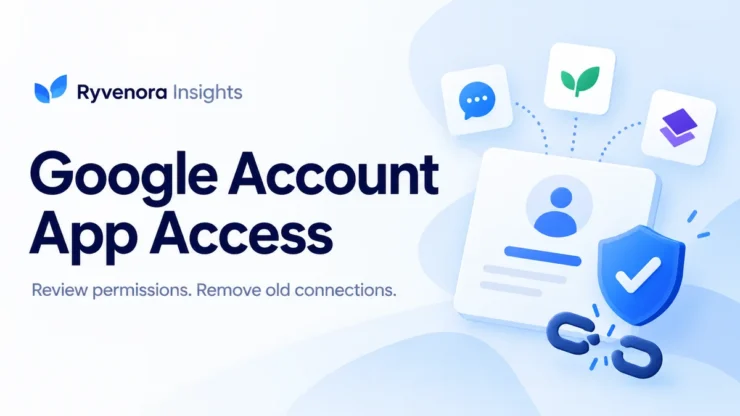 Ryvenora Insights cover reading Google Account App Access and Review permissions. Remove old connections, with a conceptual account card, app tiles, shield, and broken chain on a pale blue background.