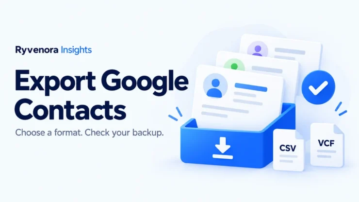 Ryvenora Insights cover reading Export Google Contacts and Choose a format. Check your backup, with conceptual contact cards, CSV and VCF files, a download tray, and a blue check mark on a pale blue background.
