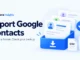 Ryvenora Insights cover reading Export Google Contacts and Choose a format. Check your backup, with conceptual contact cards, CSV and VCF files, a download tray, and a blue check mark on a pale blue background.