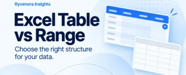 Ryvenora Insights cover reading Excel Table vs Range and Choose the right structure for your data, beside two conceptual spreadsheet grid cards on a pale blue background.