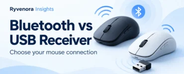 Ryvenora Insights cover reading Bluetooth vs USB Receiver and Choose your mouse connection, with two conceptual wireless mice and a USB receiver on a pale blue background.