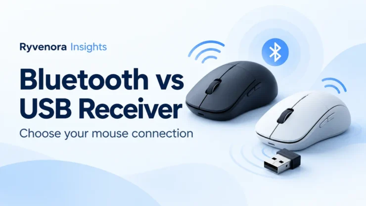 Ryvenora Insights cover reading Bluetooth vs USB Receiver and Choose your mouse connection, with two conceptual wireless mice and a USB receiver on a pale blue background.