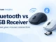 Ryvenora Insights cover reading Bluetooth vs USB Receiver and Choose your mouse connection, with two conceptual wireless mice and a USB receiver on a pale blue background.