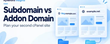 Ryvenora Insights cover reading Subdomain vs Addon Domain and Plan your second cPanel site, with conceptual website cards labeled blog.example.com and example.net above blue folder icons on a pale blue background.