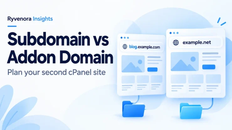 Ryvenora Insights cover reading Subdomain vs Addon Domain and Plan your second cPanel site, with conceptual website cards labeled blog.example.com and example.net above blue folder icons on a pale blue background.