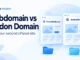 Ryvenora Insights cover reading Subdomain vs Addon Domain and Plan your second cPanel site, with conceptual website cards labeled blog.example.com and example.net above blue folder icons on a pale blue background.