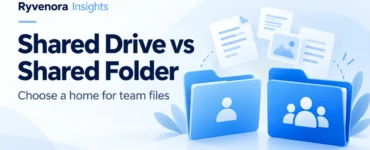 Ryvenora Insights cover reading Shared Drive vs Shared Folder and Choose a home for team files, with conceptual blue folders bearing individual and team symbols on a pale blue background.