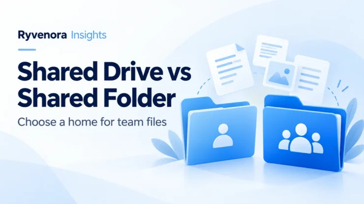Ryvenora Insights cover reading Shared Drive vs Shared Folder and Choose a home for team files, with conceptual blue folders bearing individual and team symbols on a pale blue background.