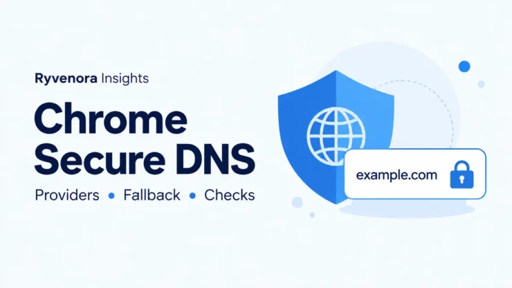 Ryvenora Insights cover titled Chrome Secure DNS, with a blue shield, globe, domain-name card, and padlock on a pale background.