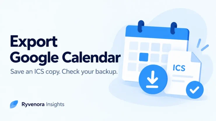 Ryvenora Insights cover reading Export Google Calendar and Save an ICS copy. Check your backup., with a blue calendar, ICS file, download arrow, and check mark on a pale background.