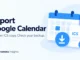 Ryvenora Insights cover reading Export Google Calendar and Save an ICS copy. Check your backup., with a blue calendar, ICS file, download arrow, and check mark on a pale background.