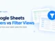 Ryvenora Insights cover reading Google Sheets Filters vs Filter Views, with two conceptual spreadsheet cards and a blue filter symbol on a pale background.
