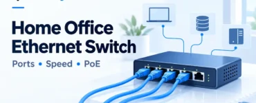 Ryvenora Insights cover reading Home Office Ethernet Switch, with a conceptual network switch, blue cables, and device icons on a pale background.