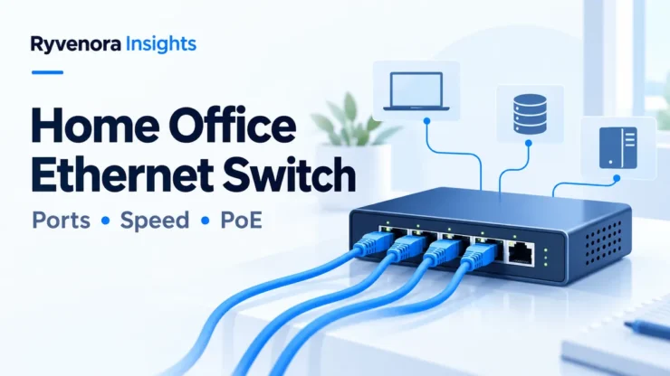 Ryvenora Insights cover reading Home Office Ethernet Switch, with a conceptual network switch, blue cables, and device icons on a pale background.