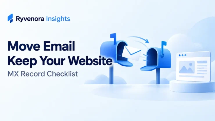 Ryvenora Insights cover reading Move Email, Keep Your Website and MX Record Checklist, with two blue mailboxes, an envelope, and a separate website icon on a pale background.