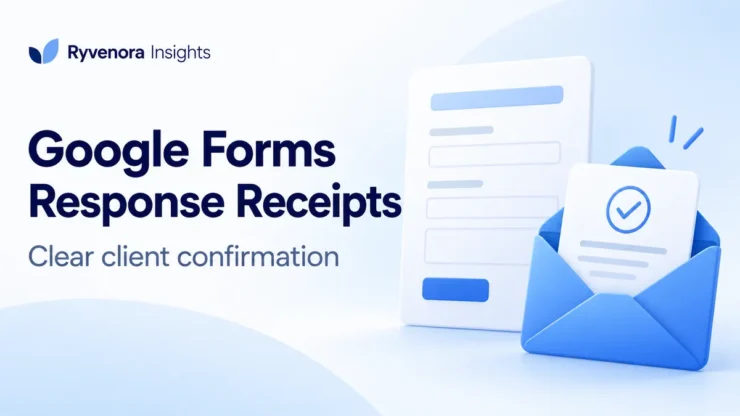 Ryvenora Insights cover reading Google Forms Response Receipts and Clear client confirmation, with a conceptual form card and blue envelope holding a checked sheet on a pale background.