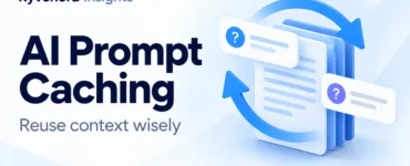 Ryvenora Insights cover reading AI Prompt Caching and Reuse context wisely, with a conceptual document stack, reuse arrows, and question cards on a pale background.