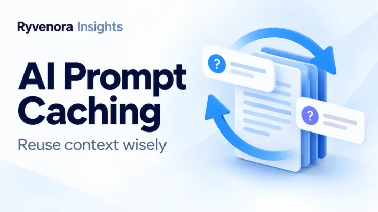 Ryvenora Insights cover reading AI Prompt Caching and Reuse context wisely, with a conceptual document stack, reuse arrows, and question cards on a pale background.