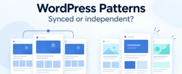 Ryvenora Insights cover reading WordPress Patterns and Synced or independent?, with conceptual matching and varied page-layout cards on a pale background.