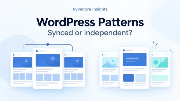 Ryvenora Insights cover reading WordPress Patterns and Synced or independent?, with conceptual matching and varied page-layout cards on a pale background.