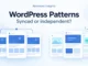 Ryvenora Insights cover reading WordPress Patterns and Synced or independent?, with conceptual matching and varied page-layout cards on a pale background.