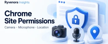 Ryvenora Insights cover reading Chrome Site Permissions, Camera, Microphone, Location, with conceptual camera, microphone, location pin, and shield illustrations on a pale background.