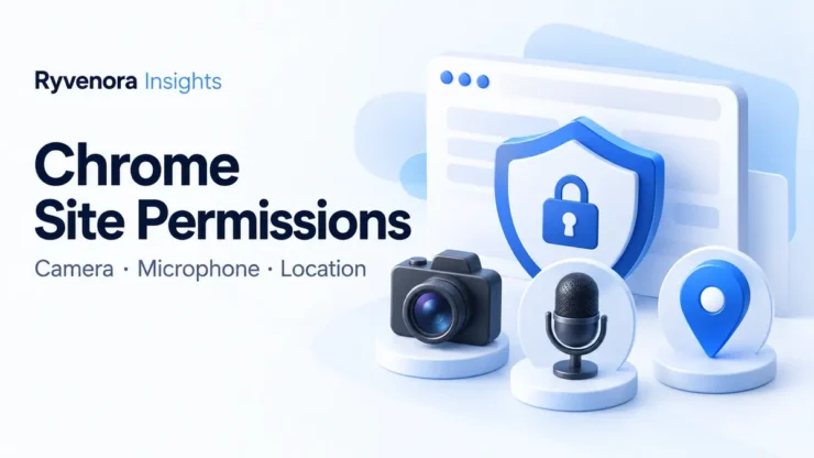 Ryvenora Insights cover reading Chrome Site Permissions, Camera, Microphone, Location, with conceptual camera, microphone, location pin, and shield illustrations on a pale background.