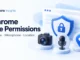 Ryvenora Insights cover reading Chrome Site Permissions, Camera, Microphone, Location, with conceptual camera, microphone, location pin, and shield illustrations on a pale background.
