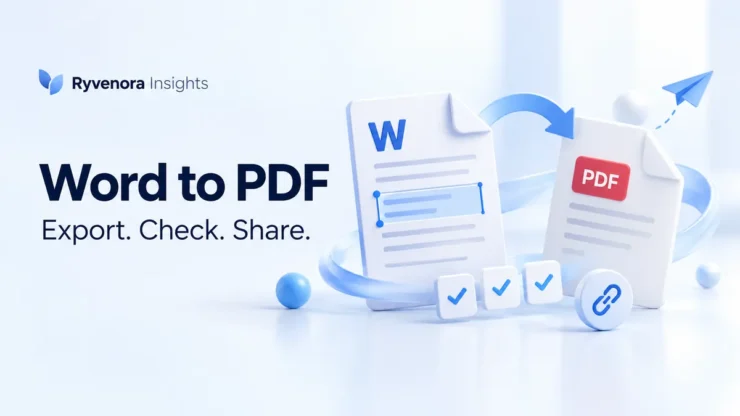 Ryvenora Insights cover reading Word to PDF and Export. Check. Share., with conceptual Word and PDF document sheets, check marks, and a link symbol on a pale blue background.