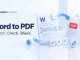 Ryvenora Insights cover reading Word to PDF and Export. Check. Share., with conceptual Word and PDF document sheets, check marks, and a link symbol on a pale blue background.