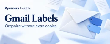 Ryvenora Insights cover reading Gmail Labels and Organize without extra copies, with a conceptual envelope carrying two blue tags on a pale background.