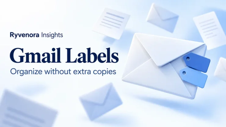 Ryvenora Insights cover reading Gmail Labels and Organize without extra copies, with a conceptual envelope carrying two blue tags on a pale background.