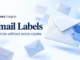 Ryvenora Insights cover reading Gmail Labels and Organize without extra copies, with a conceptual envelope carrying two blue tags on a pale background.
