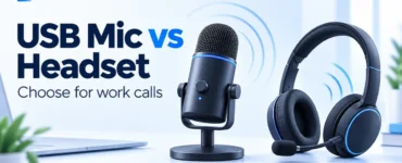 Ryvenora Insights cover reading USB Mic vs Headset and Choose for work calls, with a conceptual desktop microphone and boom headset on a pale blue background.