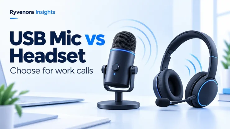 Ryvenora Insights cover reading USB Mic vs Headset and Choose for work calls, with a conceptual desktop microphone and boom headset on a pale blue background.
