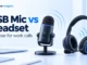 Ryvenora Insights cover reading USB Mic vs Headset and Choose for work calls, with a conceptual desktop microphone and boom headset on a pale blue background.