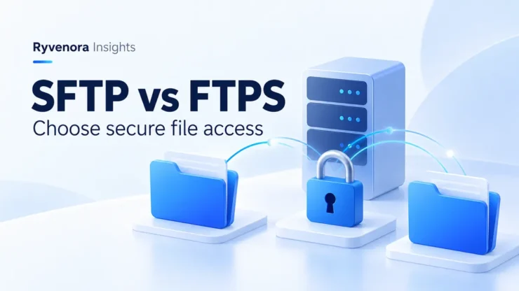 Ryvenora Insights cover reading SFTP vs FTPS and Choose secure file access, with conceptual blue folders, a server, and a padlock on a pale background.