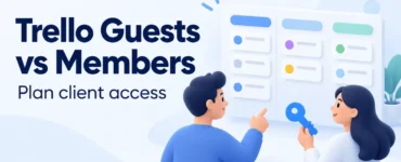 Ryvenora Insights cover reading Trello Guests vs Members and Plan client access, with conceptual people, an access key, and abstract task cards on a pale background.
