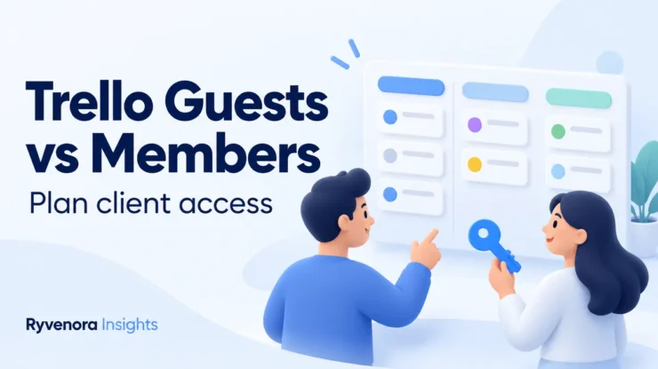 Ryvenora Insights cover reading Trello Guests vs Members and Plan client access, with conceptual people, an access key, and abstract task cards on a pale background.