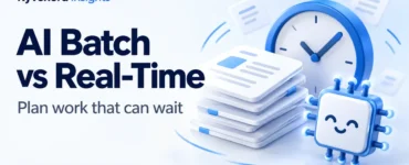 Ryvenora Insights cover reading AI Batch vs Real-Time and Plan work that can wait, with conceptual document cards, a blue clock, and a smiling AI chip on a pale background.