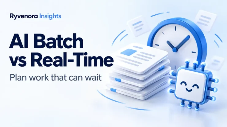 Ryvenora Insights cover reading AI Batch vs Real-Time and Plan work that can wait, with conceptual document cards, a blue clock, and a smiling AI chip on a pale background.
