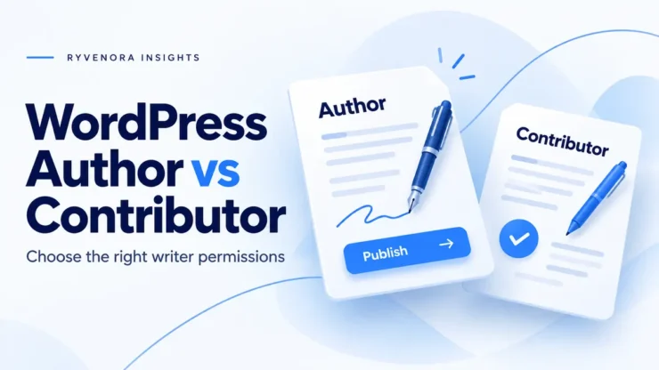 Ryvenora Insights cover titled WordPress Author vs Contributor, with illustrated writing cards representing publishing and review.